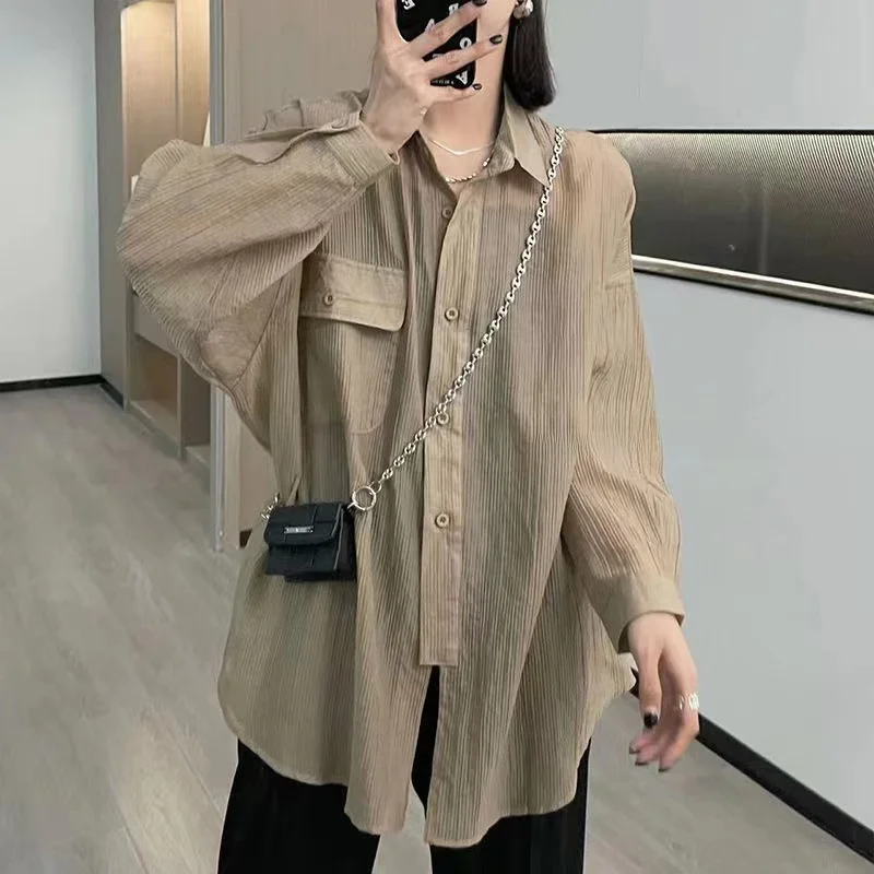 

Свободная женская рубашка с длинным рукавом, летняя, тонкая, с защитой от солнца, в повседневном стиле, корейская версия, с капюшоном, большого размера, с воротником на пуговицах