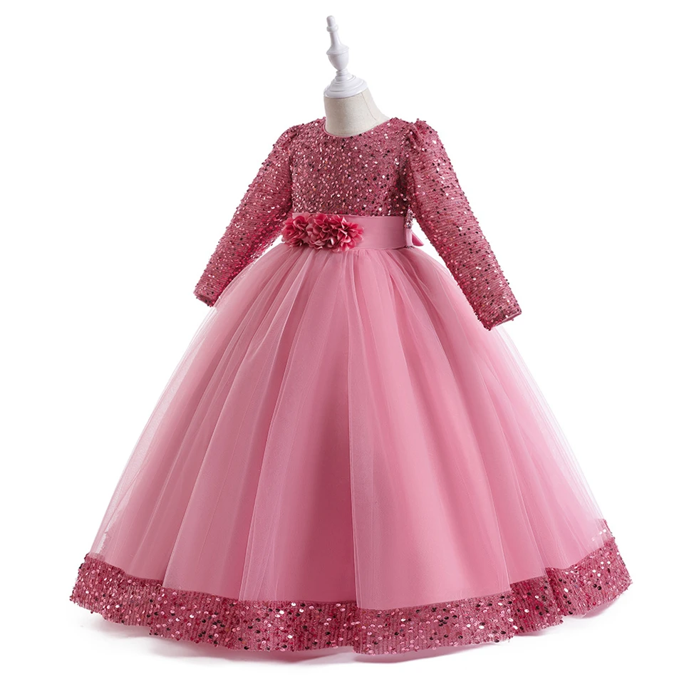 New Year 2025 Full Sleeve Flower Young Girl Dress for 5-14Years Christmas Children's Gala Celebration Formal Elegant Dresses