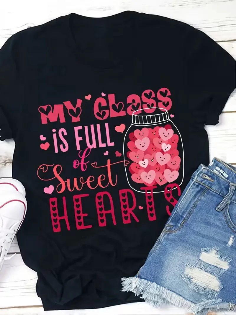 

My Class is Full of Sweet Hearts Teacher T-shirt - Soft, short-sleeved, round-necked, black with colorful heart design