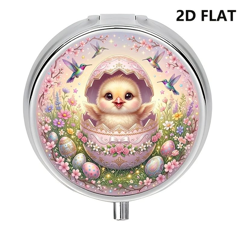 Single pack, flat, round box with 3 compartments, floral Easter bird pattern, pink box, metal box, used for storing medication and vitamins, unique, suitable for travel, portable box