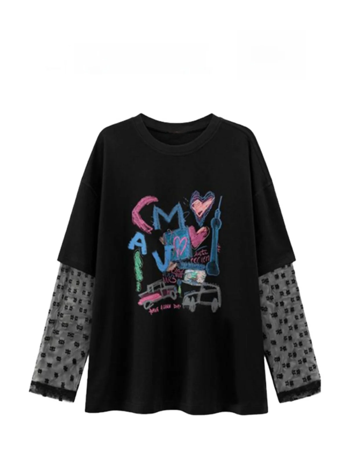 

Retro fiti Letter Print Anti-Aging Design Long Sve Fake Two-Piece T-irt Women's Top Korean Sle Loose Fit Creative ...