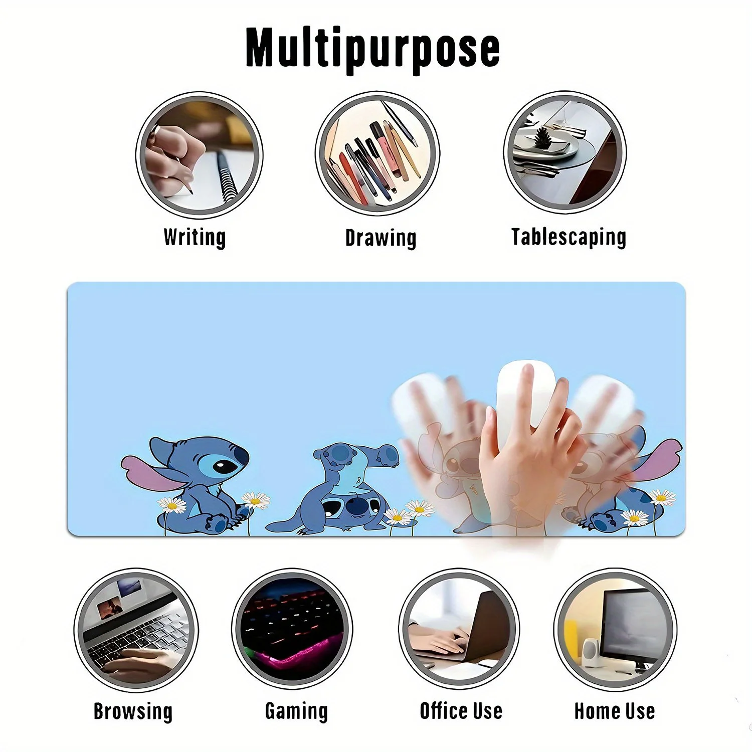 قطعة واحدة من وسادة ماوس ديزني ستيتش ووسادة مكتب - تصميم شخصية كرتونية مع إقحوانات، قاعدة مطاطية غير قابلة للانزلاق، مكتب متعدد الوظائف