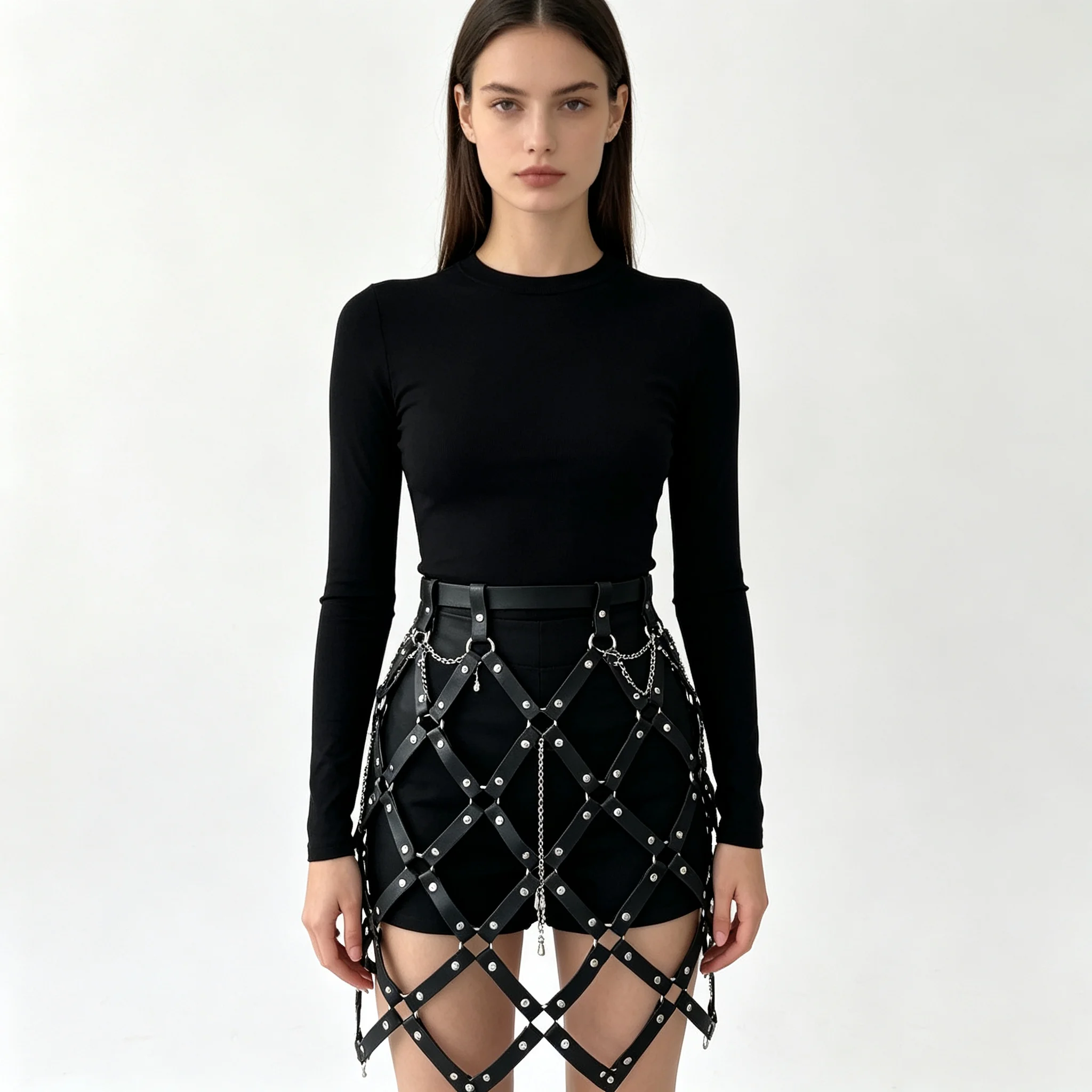 2026 Autumn New Pu Leather Skirt Women Sexy Diamond Grid Hollowed Out PU Skirt Outwear Nigh Club Lady Skirts Mini Mujer