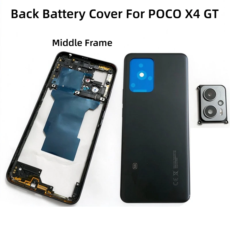 Back Glass Cover + Middle Frame + Camera Lens For POCO X4 GT With Side Key Repair Parts