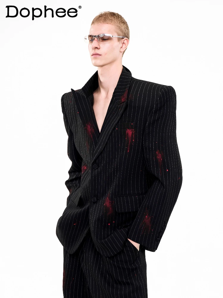 

Men's 2025 Autumn Winter New High-End 2pcs Men's Waist-tight Single-Breasted Suit Men's Vertical Striped Blazers Trousers Sets