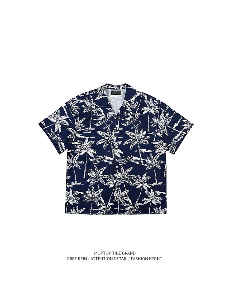 

Loose Short Sleeve Printed Shirt Cuban Collar Beachwear for Men Summer Fashionable Mr. WH Hawaiian Coconut Tree Design