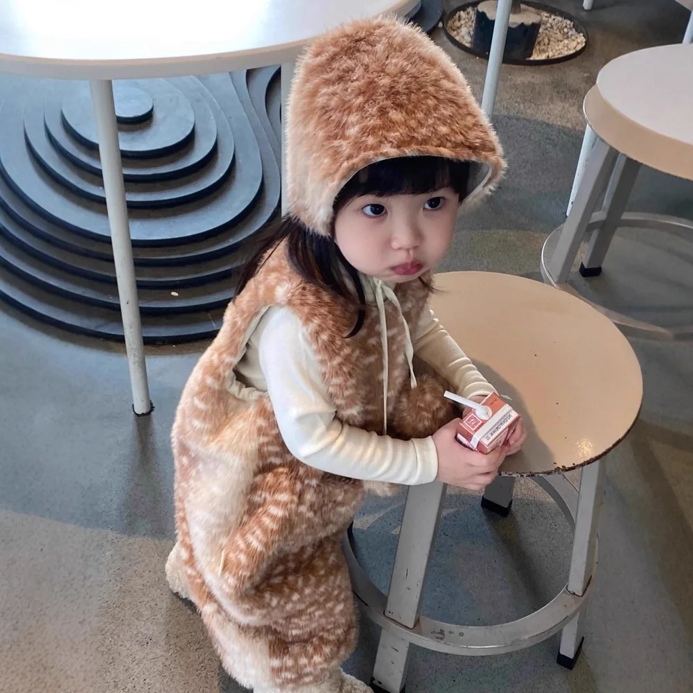 Girl's Faux Mink Fur Soft Touch Deer Pattern Thick Jumpsuit 2026 Winter Outfit New Style with Hat Included