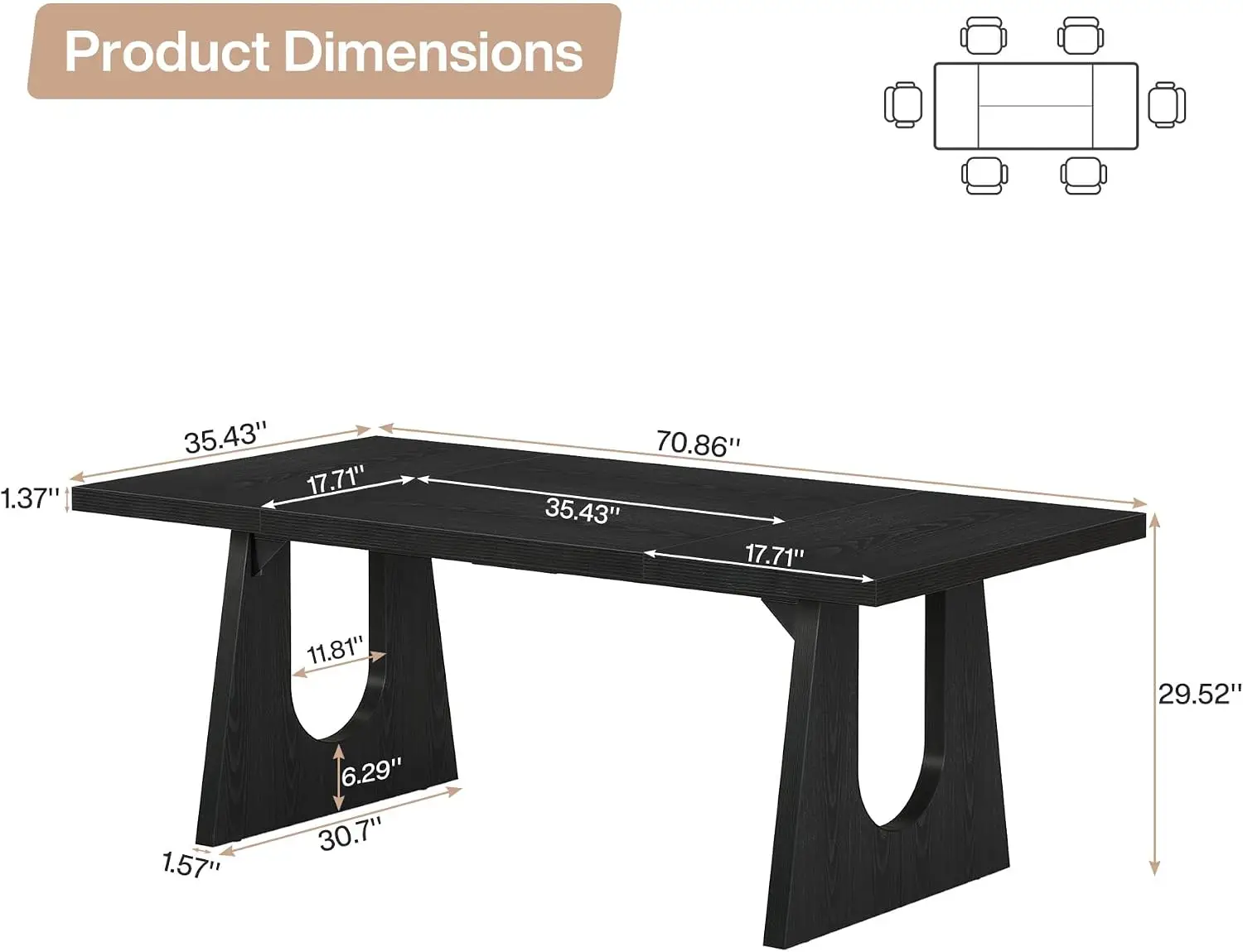 Wood Rectangular Dining Table Seats 6 8 People 70 9 Inch Black Legs Farmhouse Kitchen Living Room Furniture