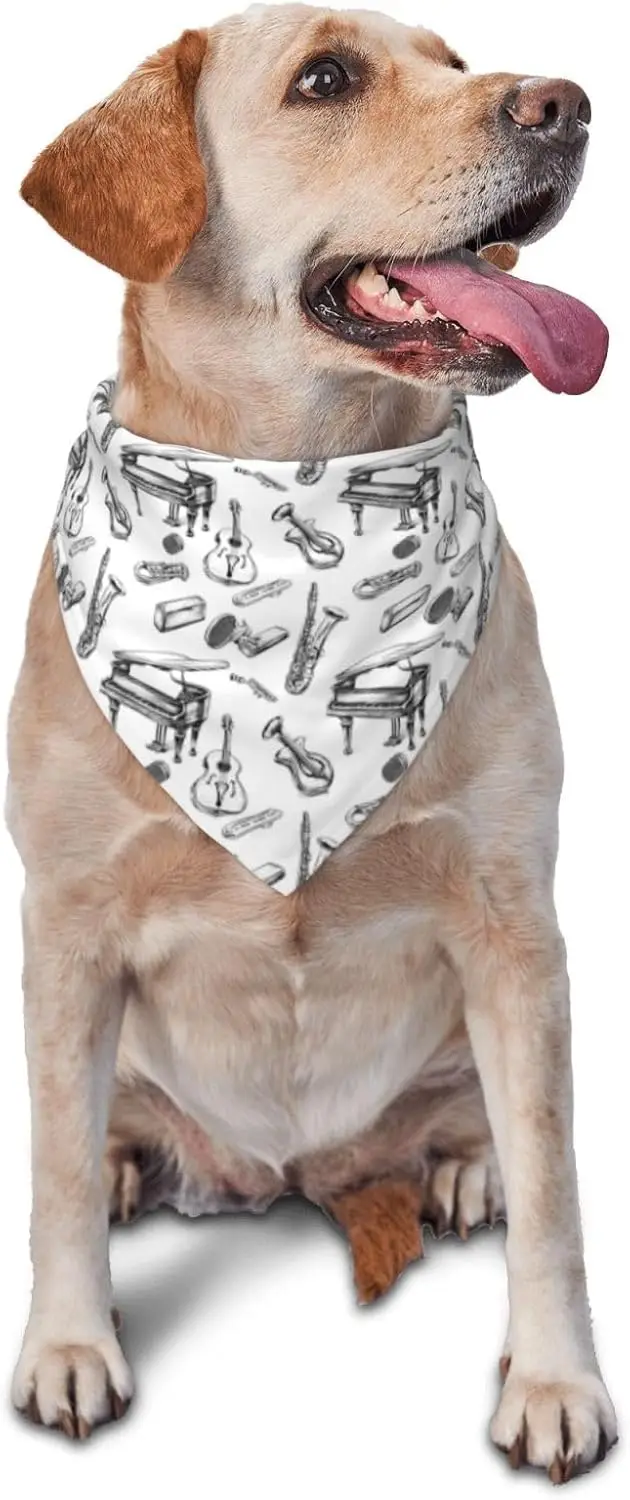 Dog Bandanas Boy Girl Hand-Drawn Musical Instruments Print Comfy Adjustabl Dog Scarf Handkerchiefs Triangle Bibs