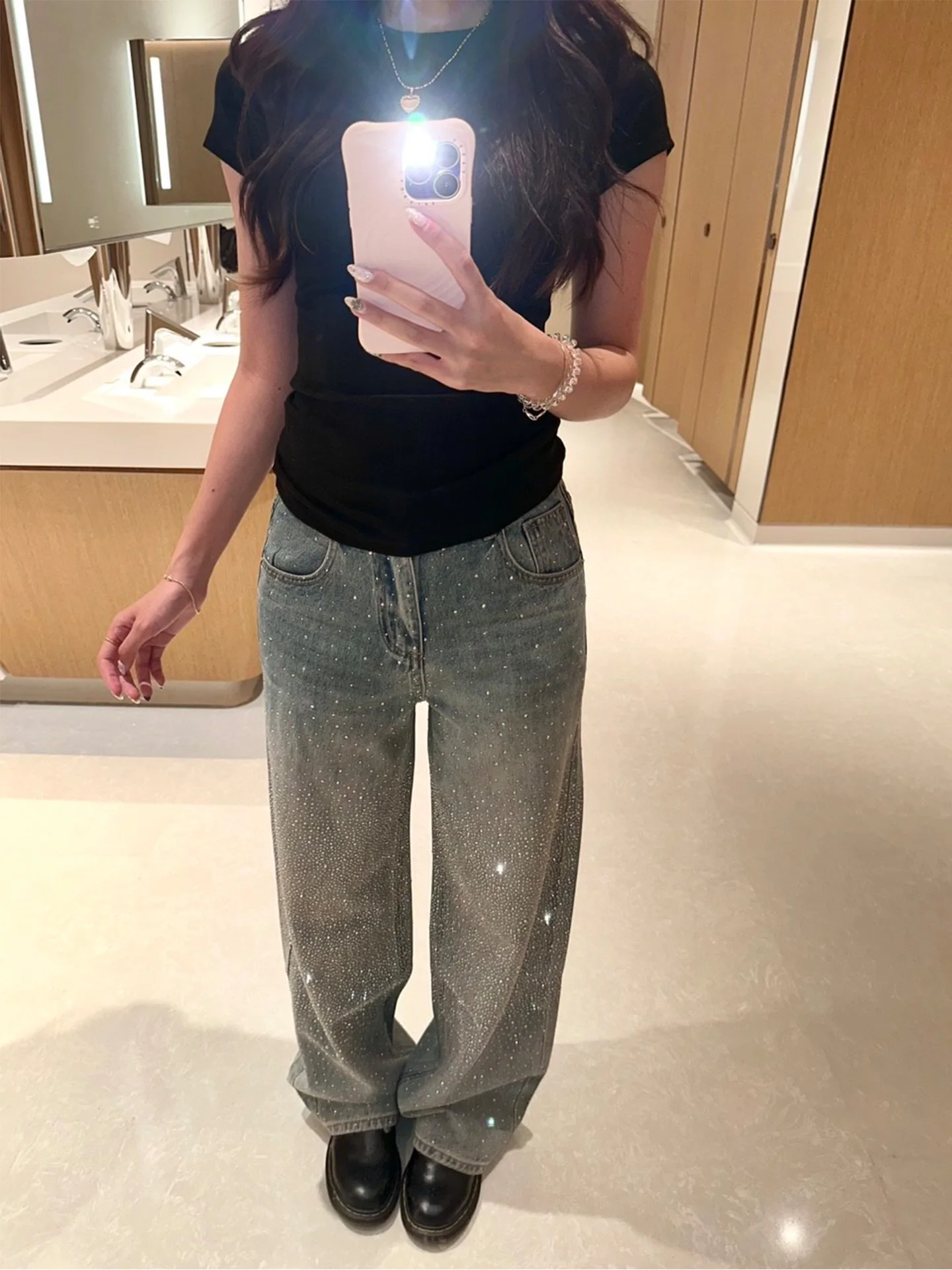 

American Style plus Size Skinny Blue Jeans Women's Summer New Flashing Bright Diamond Washed Wide Leg Casual High Waist Jeans