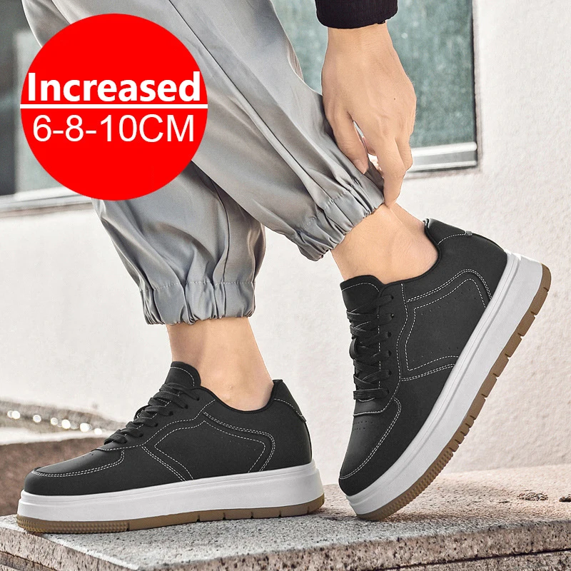 أحذية رجالية غير مرئية لزيادة الارتفاع أحذية مصعد برباط علوي أحذية رياضية بيضاء 8/10 سنتيمتر مقاس أطول بالإضافة إلى أحذية رفع غير مرئية
