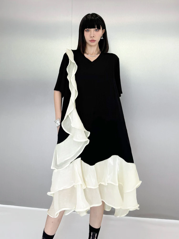 SuperAen สไตล์เกาหลี Niche Design เชื้อราขอบชุดผู้หญิง 2025 ใหม่แฟชั่น Elegant Splicing แขนเสื้อยืดชุด