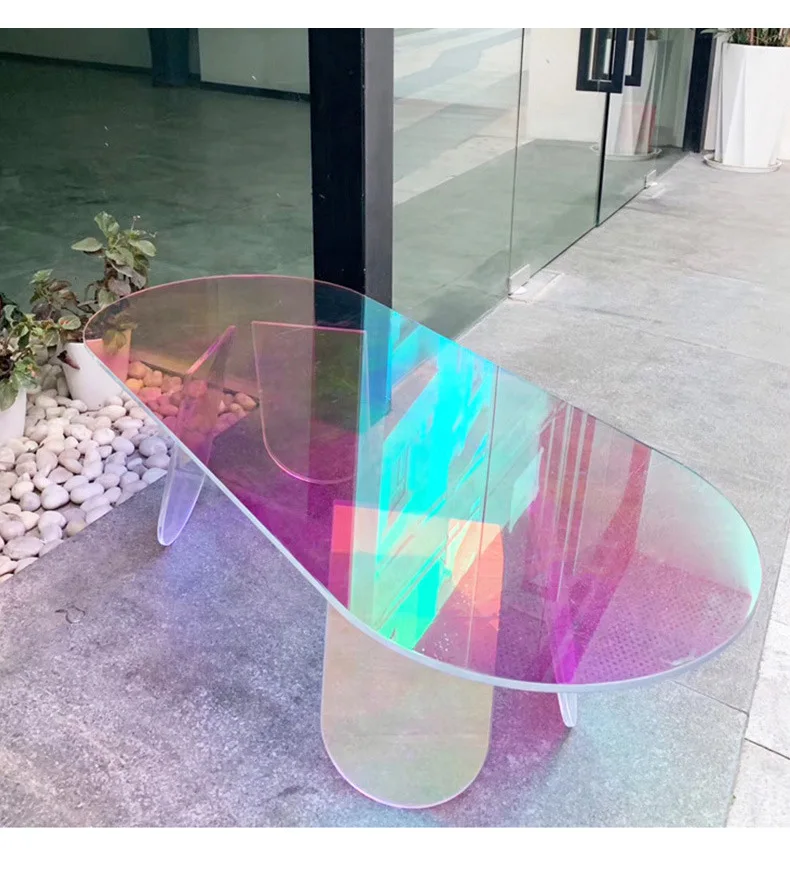 120cm Acrylic Rainbow Color Coffee Table Iridescent Glass End Table Round Side Table Modern Accent Table for Living Room