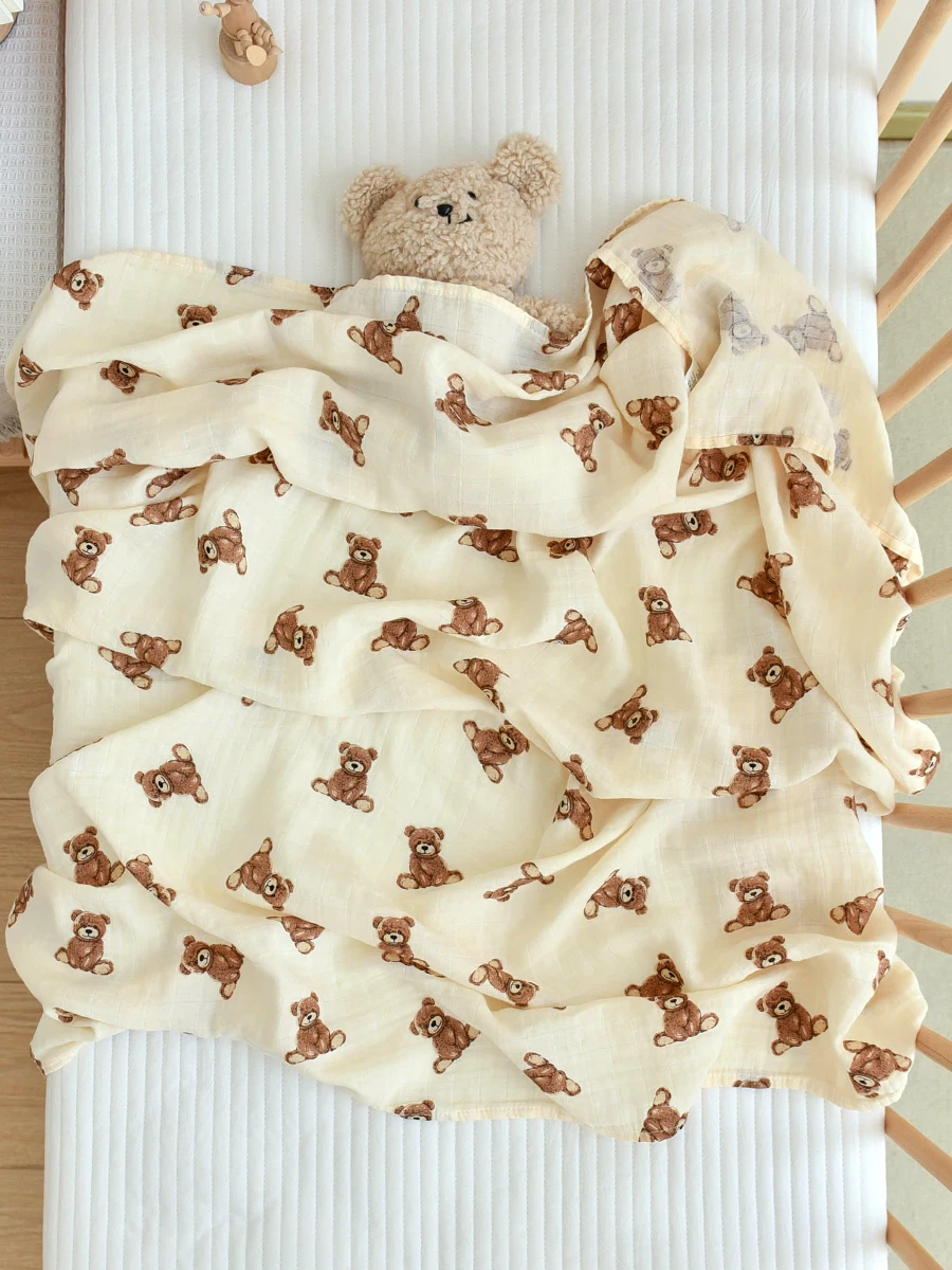 Bear Muslin Swaddle Blanket for Baby Boys Receiving Blanket Newborn Swaddling Wrap 70% Bamboo 30% Cotton Silky Soft 47x47 inches