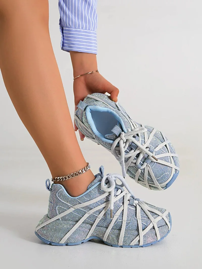 

Rhinestone Lace-up Spider-Man Dad Shoes Thick-soled Platform Sneakers Fully Studded Street-popular Women's Shoes