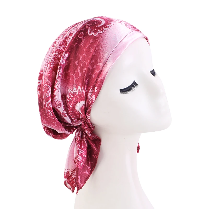 Turbante de satén preatado para mujer, diadema musulmana con patrón de Cachemira, bufanda de pelo suave y flexible, gorro de quimio, pañuelos para