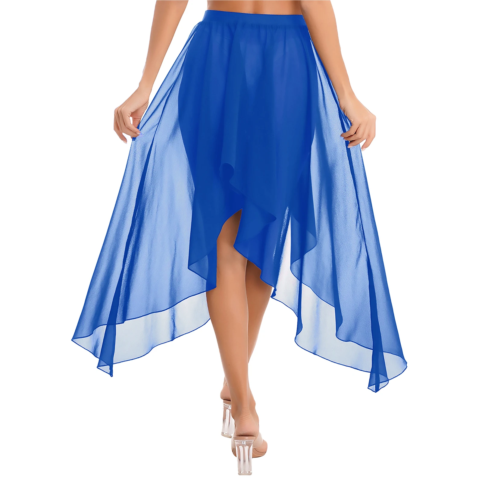 Womens Sheer Chiffon Ballet Dance Tutu Warp Skirt Asymmetrical High-Low Mesh Mid-Long Belly Dance Skirt Lyrical Dance Costume