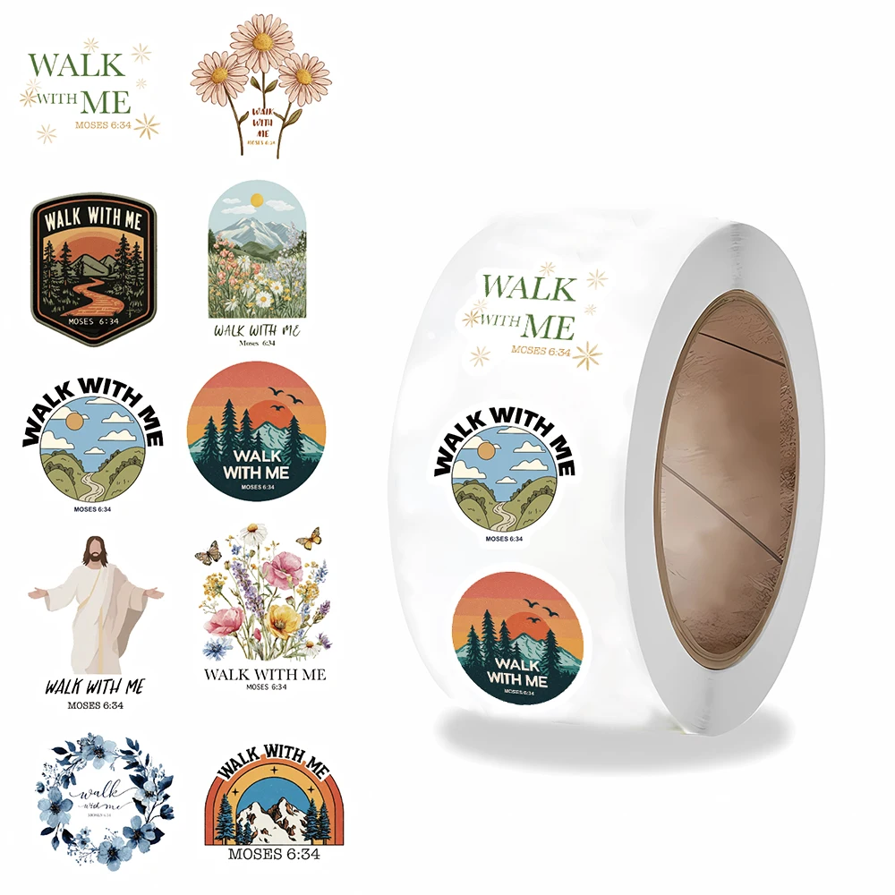 500Pcs/Roll JESUS Walk with Me Print Sticker Aesthetic Motorcycle Scrapbook Cafe Streetwear Phone Cool Bar Roll Stickers