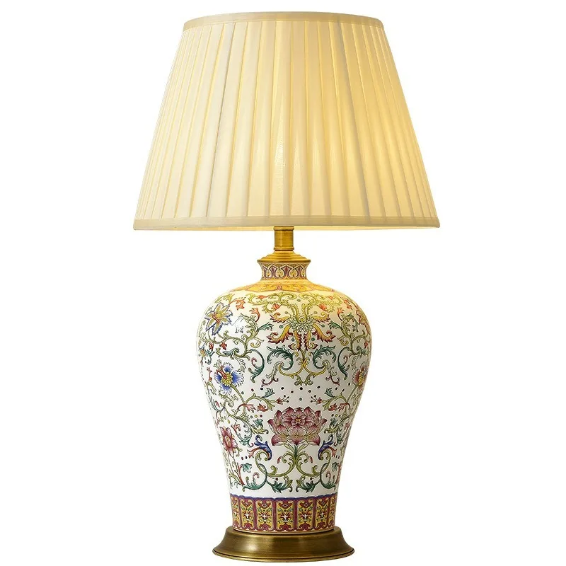 New Chinese ceramic table lamp, all-copper enamel color bedroom living room decoration American retro classic warm modern