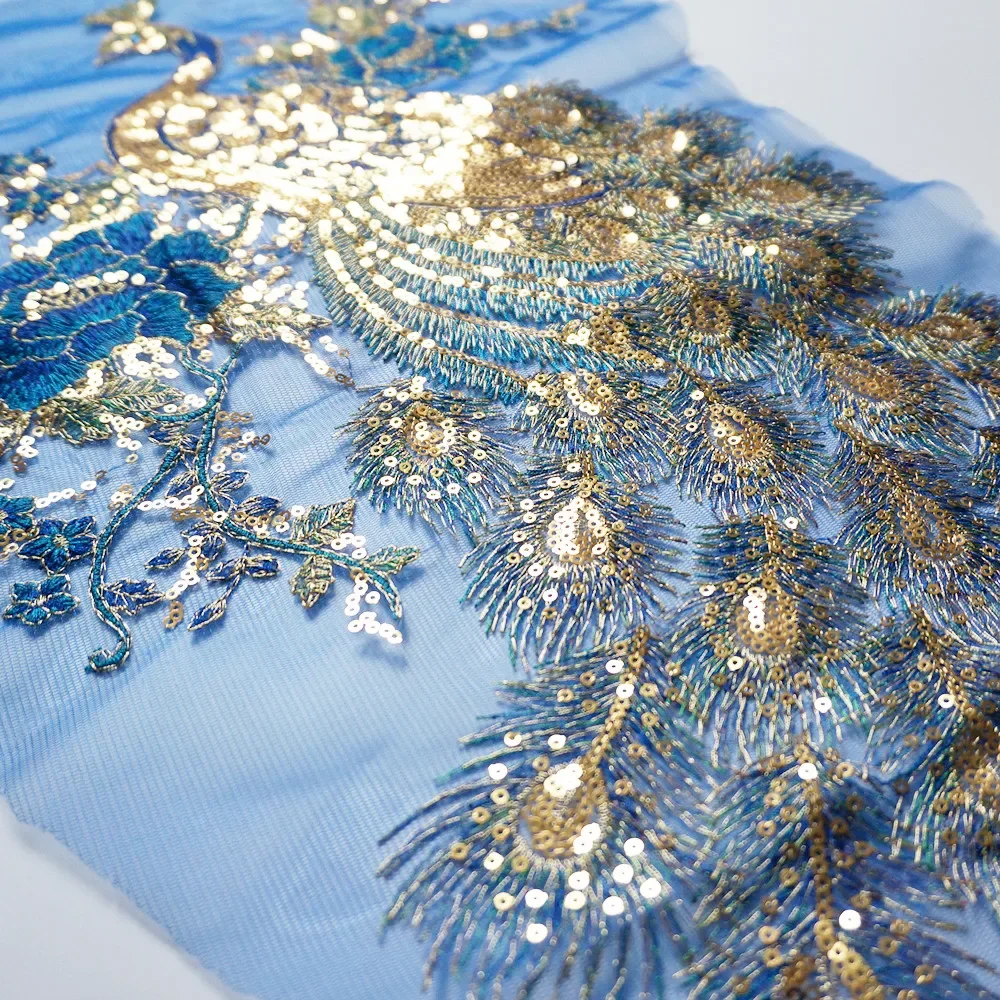 Royal Blue Sequin Embroidery Lace Peacock Applique Lace Fabric Trimming Sewing Patch Wedding Gown Dress DIY Crafts