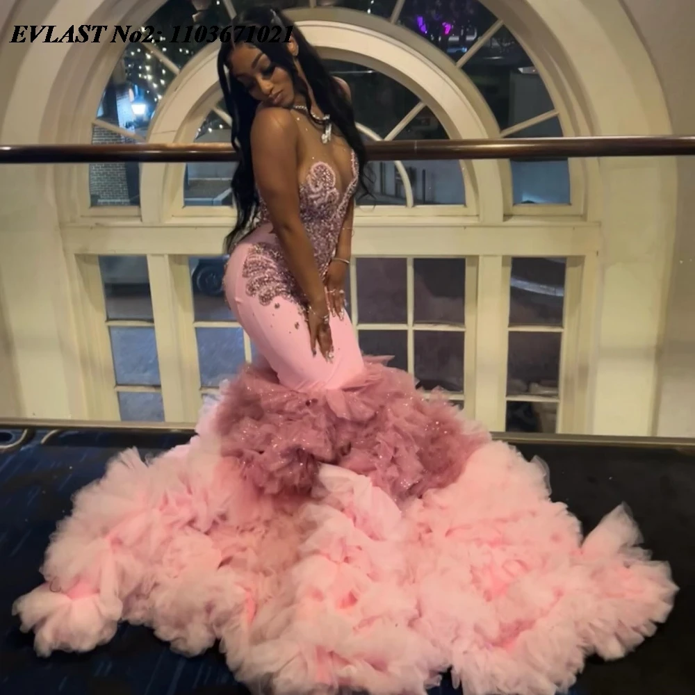 EVLAST Customized African Pink Long Prom Dress For Black Girls Silver Sequins Beading Ruffles Tiered Party Evening Gown E2P83