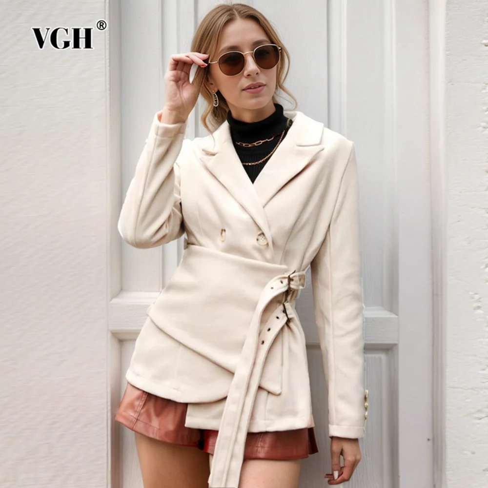 

VGH Solid Patchwork Belt Tunic Blazers For Women Notched Collar Long Sleeve Minimalsit Slimming Blazer Female Fashion Style New