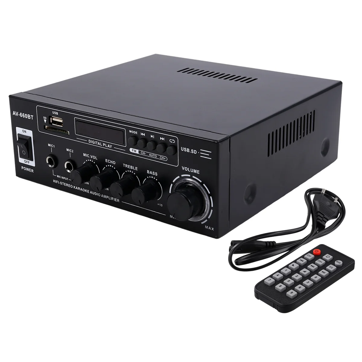 AV-660BT Bluetooth Sound Amplifier - Power Amplifier Support Bluetooth, FM Radio, USB, SD Card & Dual Mic Inputs EU PLUG