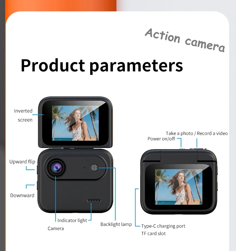 Action Camera Recorder Flip Screen 4K HD Ultra Clear Recording VLOG Anti Shake 143 ° Wide-angle Helmet Outdoor Mini Cam