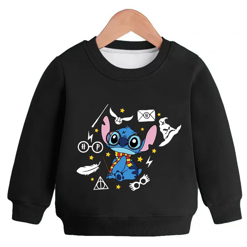 Disney Stitch Childrens Print Tops Sweatshirt Autumn Winter O-neck Pullover Crewneck Warm Print Tops Long-sleeved Loose Clothes