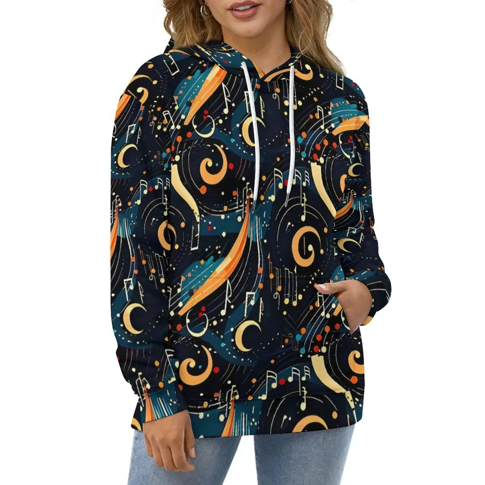 

Modern Design Music Note Casual Hoodies Y2k Hoodie Women Long Sleeve Harajuku Design Loose Oversize Tops