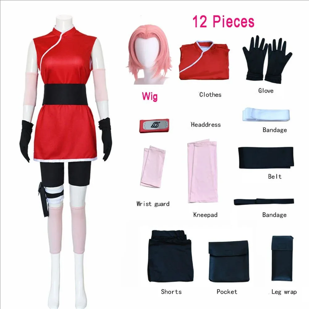 Anime Haruno Sakura Shippuden Cosplay Costume Wig Women Girls Skirt Outfit Unisex Ninja Cartoon Halloween Carnival Costume