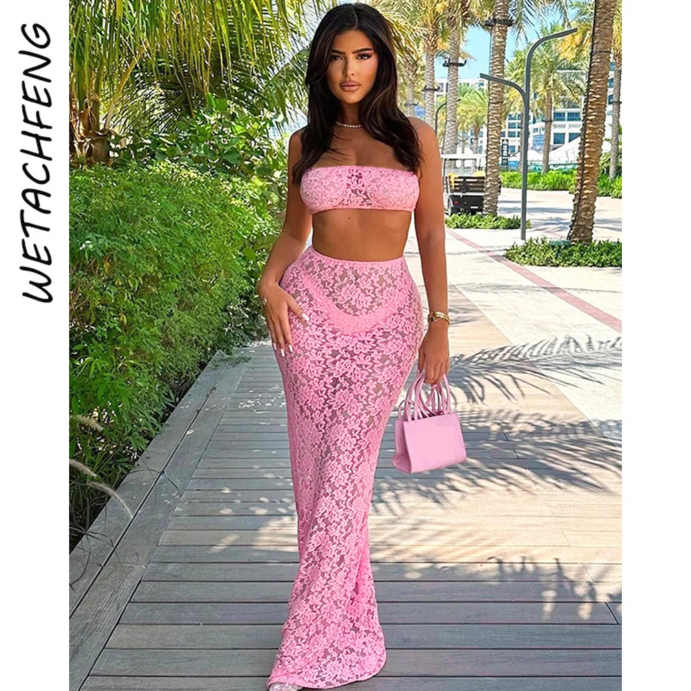 Women\'s Sexy Lace Camisole Top High Waist Mesh See Through Long Skirt Two Piece Set Clothes 2024 Summer Pink White 2 Piece Sets