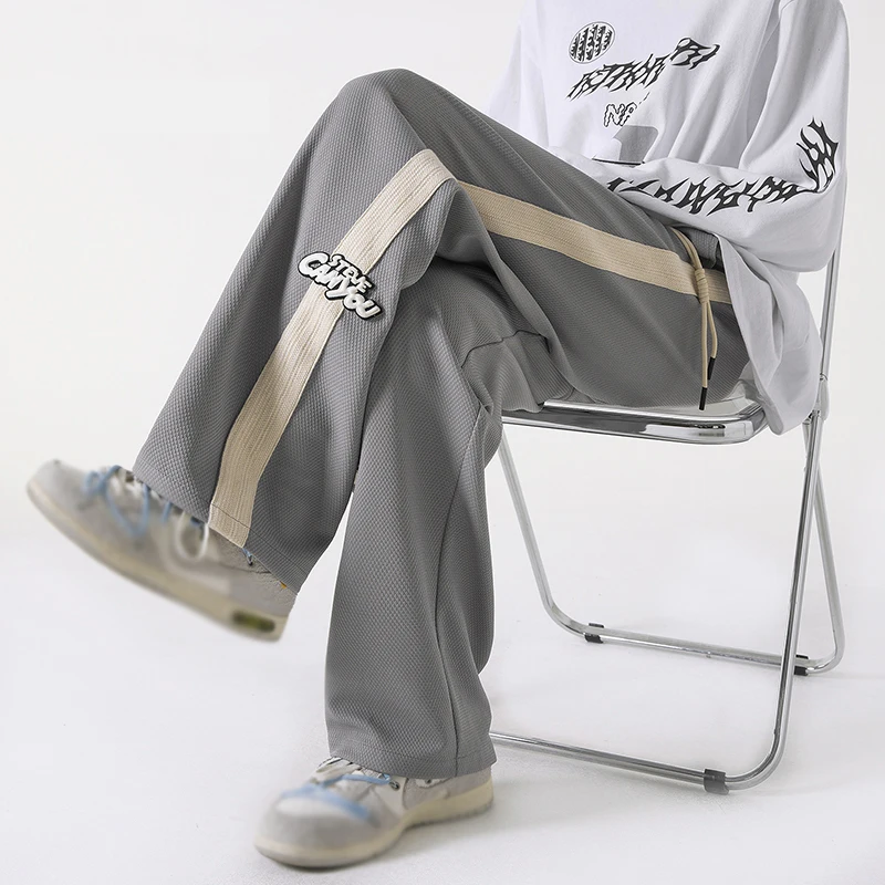 

Mens Patchwork Side Stripe Casual Pants Men High Street Teenager Drawstring Ins Loose Straight Trousers Hip Hop Trousers Ulzzang