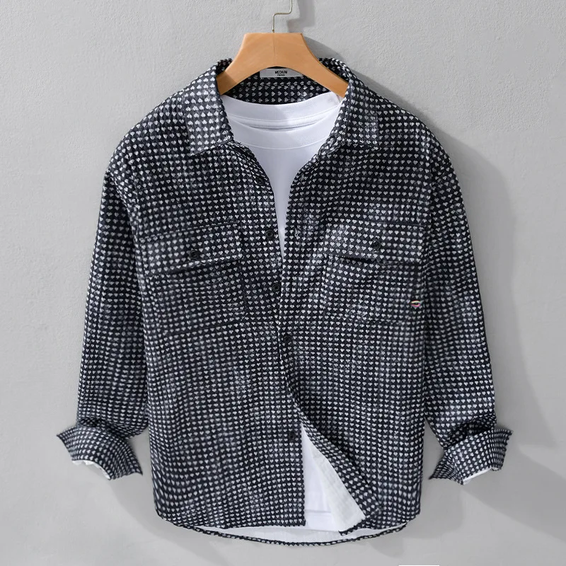 Spring New Mens Long Sleeve Shirts Youth Streetwear Male Tops Pockets Full Heart Pattern Plaid Shirt Loose Fashion Overshirt