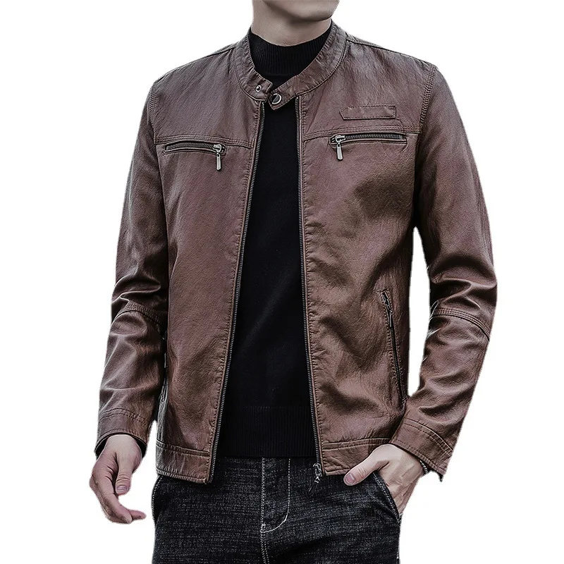 PU Leather Jacket Spring New Style Leather Jacket Stand Up Collar Leather Motorcycle Coat