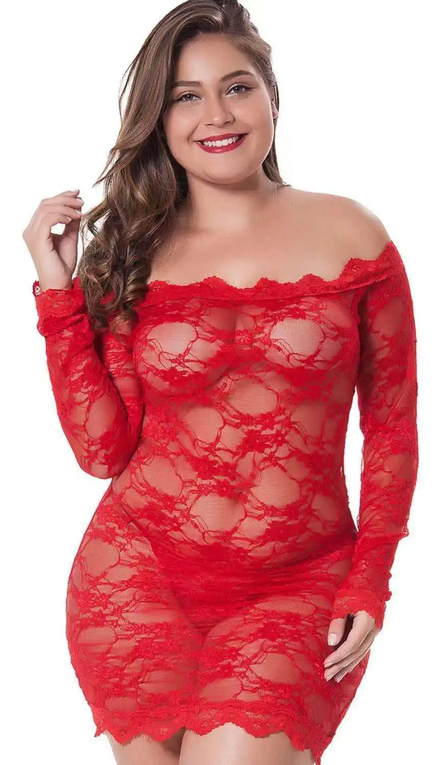 

XL ~ 5XL плюс размер, кружевное нижнее белье с открытыми плечами, платье с длинным рукавом, прозрачное кружево с цветочным принтом, облегающая мини-ночная рубашка, женское сексуальное женское белье