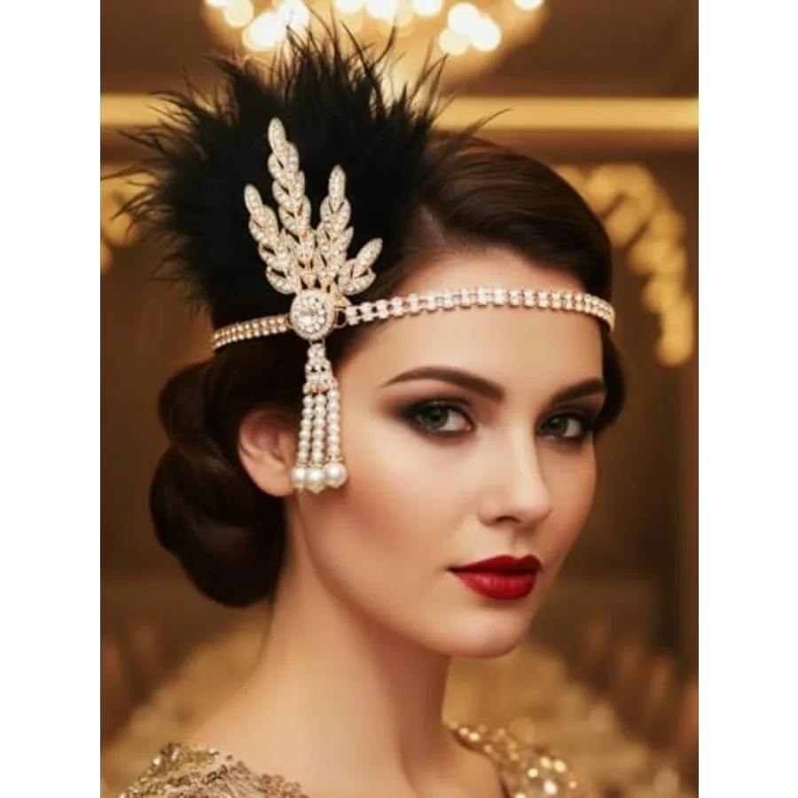 

1920's Flapper Feather Headband Art Deco Great Gatsby Headpiece Inspired Leaf Medallion Pearl Headband Bride Wedding Headdress
