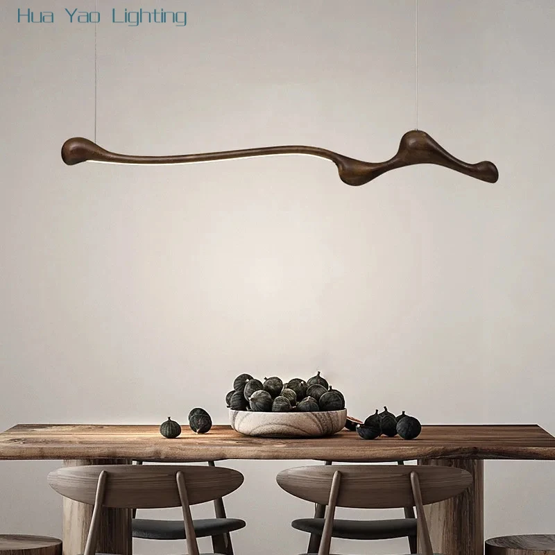 Linear Solid Wood Pendant Light with a Gentle Curve Dimmable LED Chandelier in 3 Wood Colors for Kitchen Island Dining Room