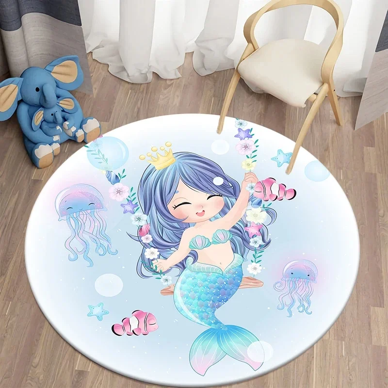 Cartoon Mermaid Round Area Rug Magical Sea Creatures Circle Carpet for Living Room Girls Bedroom Dorm Decor Non-slip Floor Mat