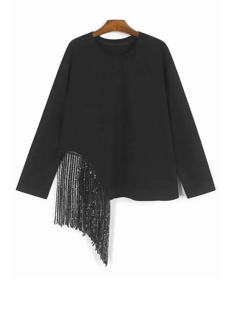 

Женская футболка большого размера с кофейными гвоздями и кисточками, новая модная футболка с круглым вырезом и длинными рукавами, весна-осень