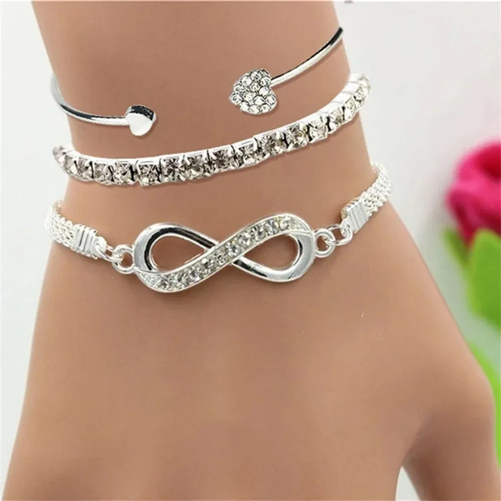 Vintage Set Silver Color Crystal Rhinestone Heart Bracelets for Women Fashion Geometric Adjustable Infinity Cuff Bangle Jewelry