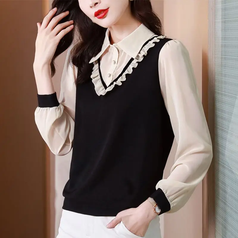 2023 Autumn Women\'s New Fashion Splice Fake Two Piece Shirts Korean Version Foreign Style Slim Comfortable Bottom Shirt Top