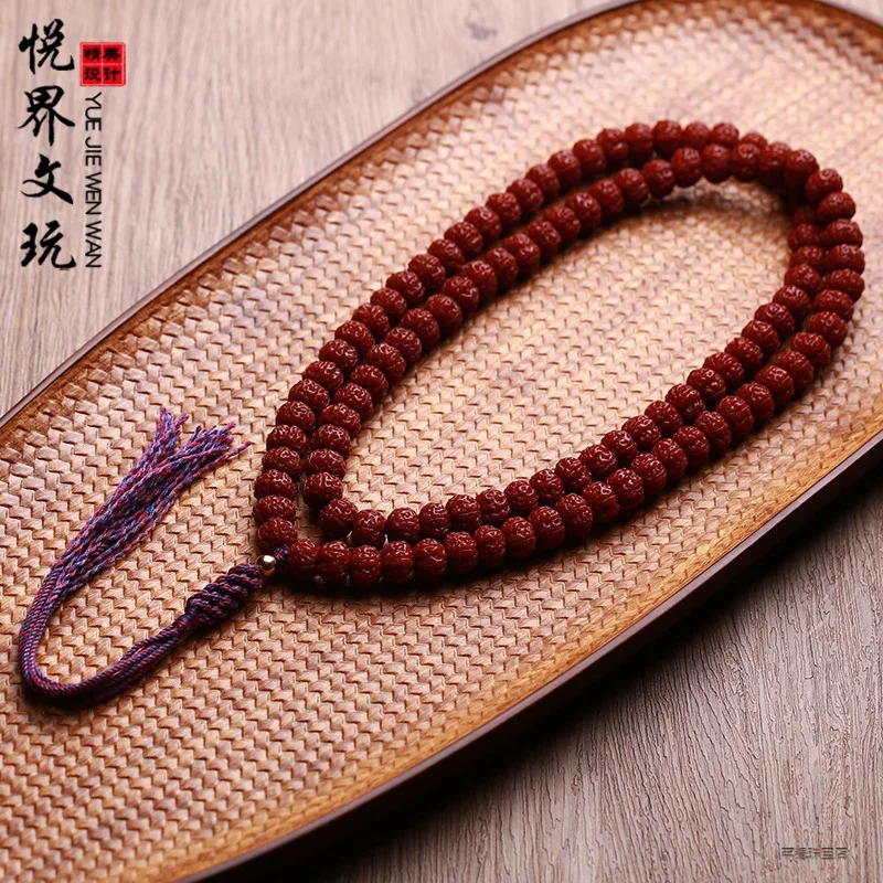

Natural machine-polished jade-like patina small Rudraksha beads 108-piece Buddhist bracelet for men and women, six-petal decorat