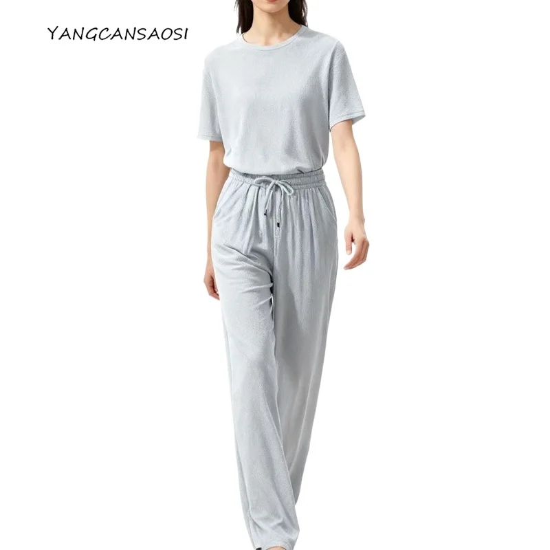 

2025 Women's Autumn Clothing 93% Natural Mulberry Silk Elastic Pearl Satin Elastic Waist Grey Straight Leg Casual Pants