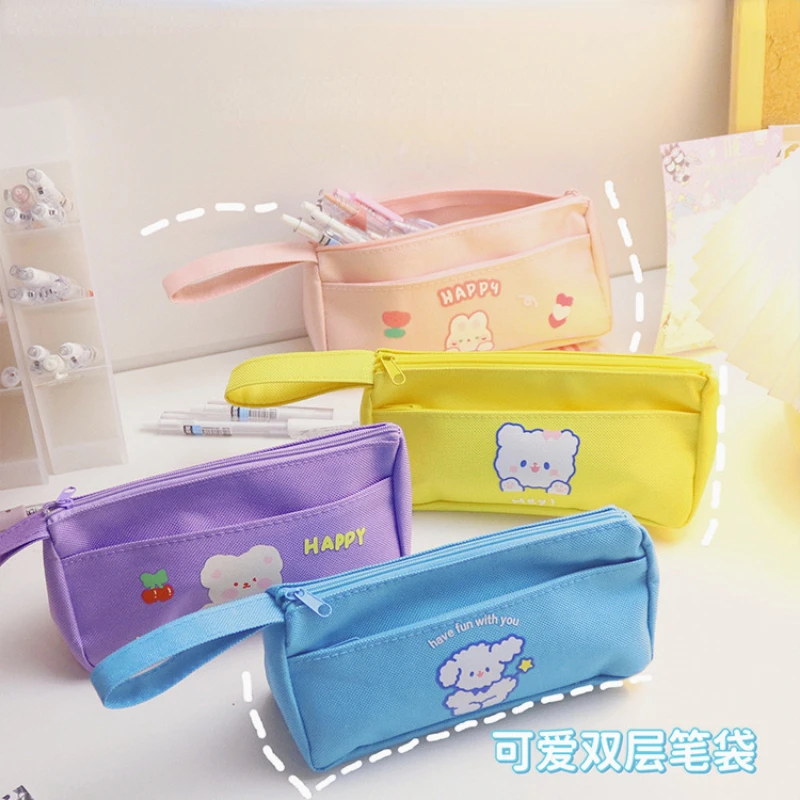

kawaii Canvas Large Capacity Pencil Case Cute Stationery storage bag Double layer Pencilcase Pencil Pouch School Supplies