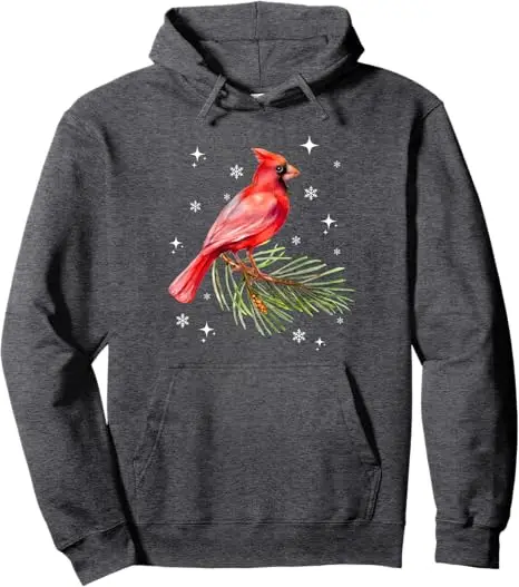 Watercolor Red Cardinal Bird Snowflakes Stars Cozy Nature Pullover Hoodie Christmas Costume Novelty Gift Winter Hooded Sweater