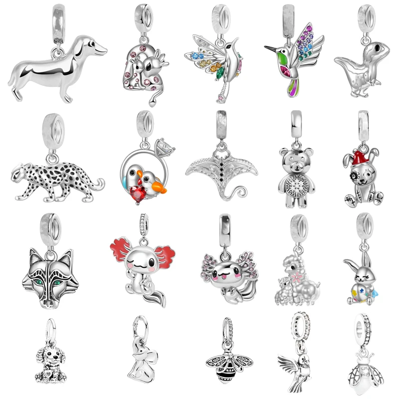 Authentic Fine Wolf Alpaca Rabbit Pendant Lovebirds Charm Beads Fit Original 925 Silver Pandora Bracelet DIY Women Jewelry Gifts