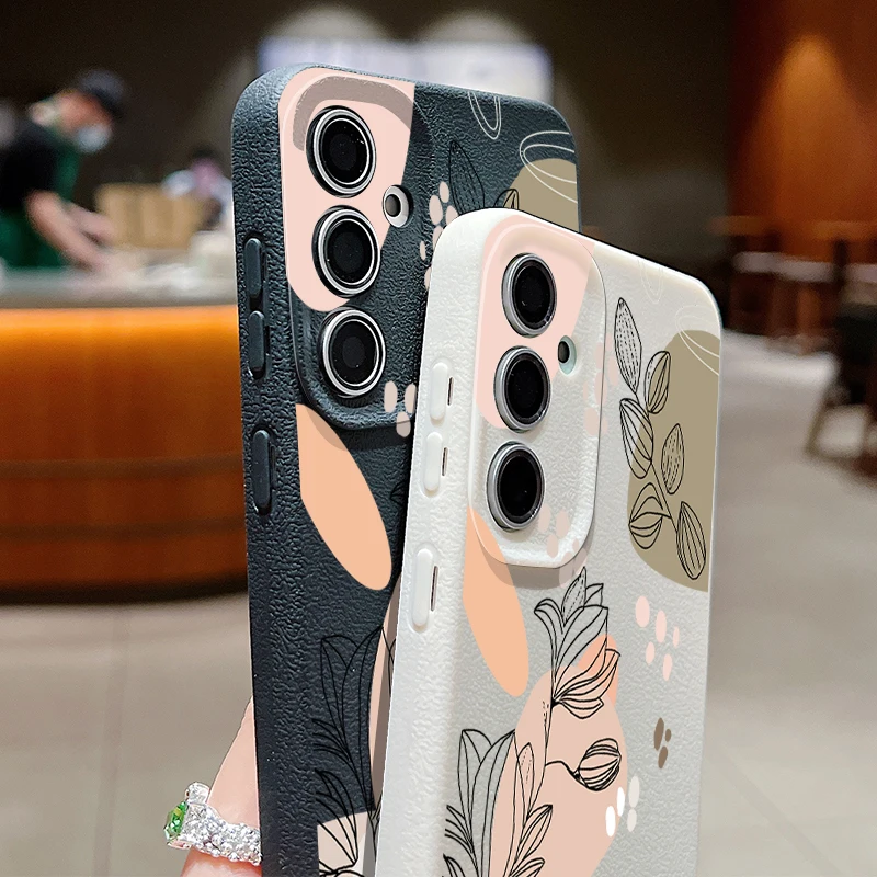 Line Flower Case For Samsung Galaxy A55 A35 A25 A15 S24 S23 S22 Ultra S21 S20 FE A16 A52 A53 A14 A34 A54 5G Capa Leather Texture