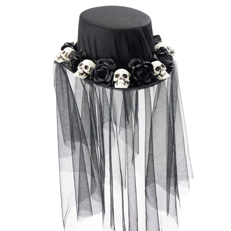 Handmade Black Veil Hat for Women Lolita Victorian Gothic Skull Rose Top Hat Party Fandy Dress Headwear