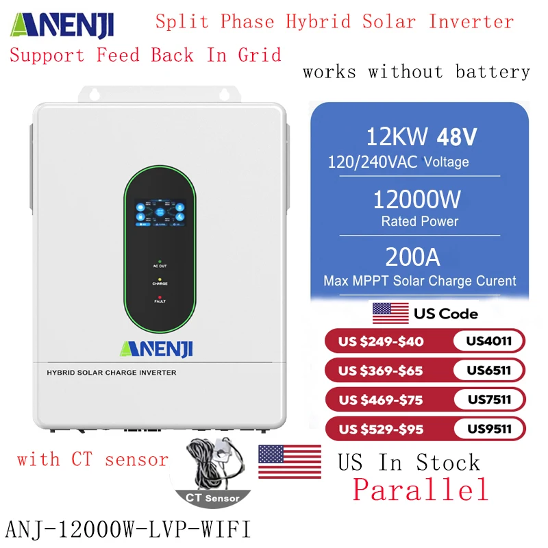 سبليت المرحلة 12KW 48V الهجين العاكس للطاقة الشمسية 120V 240VAC موجة جيبية نقية على الشبكة MPPT العاكس 200A شاحن بالطاقة الشمسية PV 500VDC مع CT